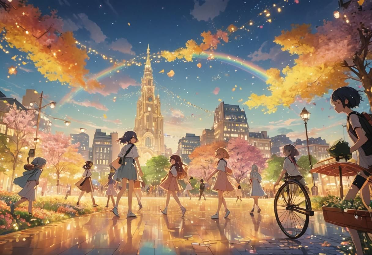 Anime Girls in City Square: Kawaii Pastel Art