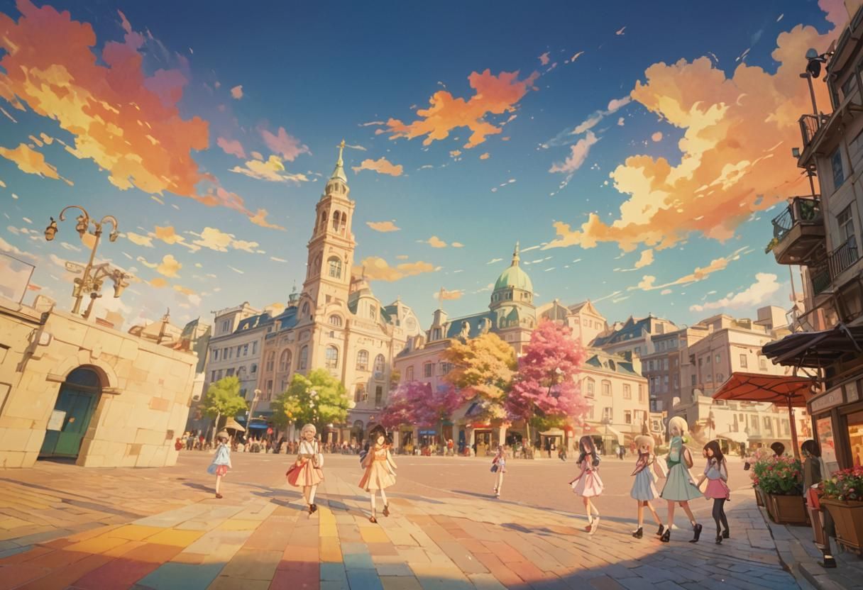 Anime Girls in City Square, Kawaii Style