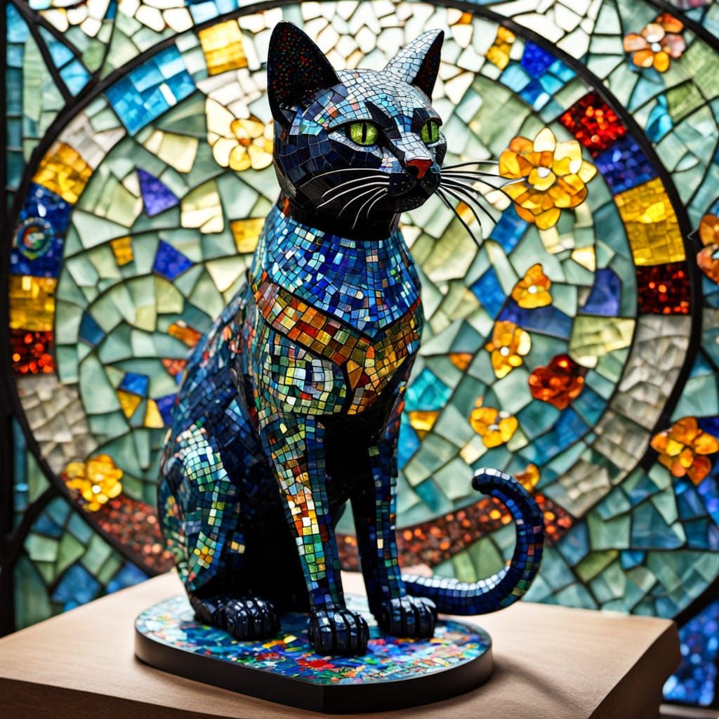 Mosaic Cat Statue in Stained Glass Style
