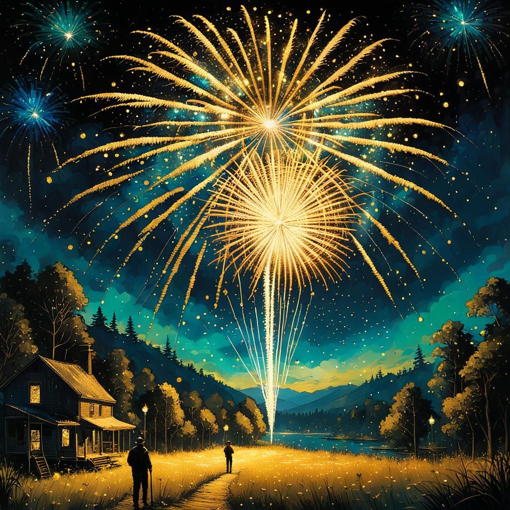 Spectacular Fireworks Form Number 400 in Golden Light