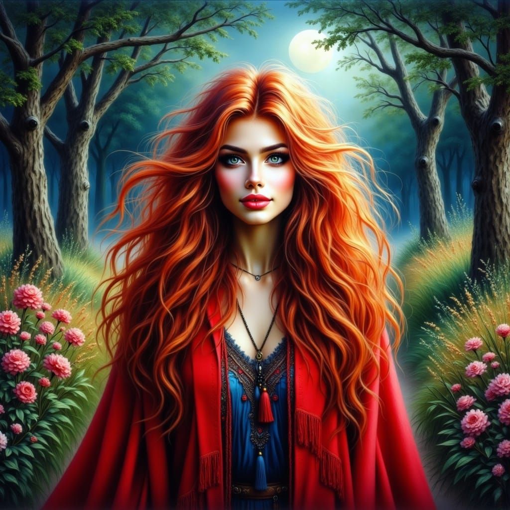 Red-Haired Woman in Forest, Hyperrealistic Art
