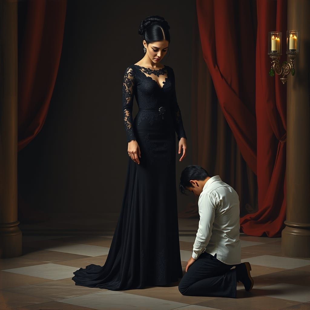 Elegant Maestra Dominates Submissive Servant in Opulent Cham...