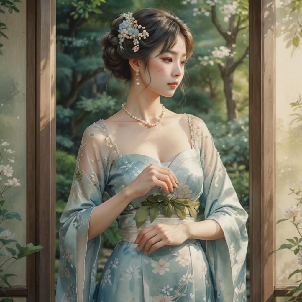 Elegant Woman in Garden: Realistic Anime Style