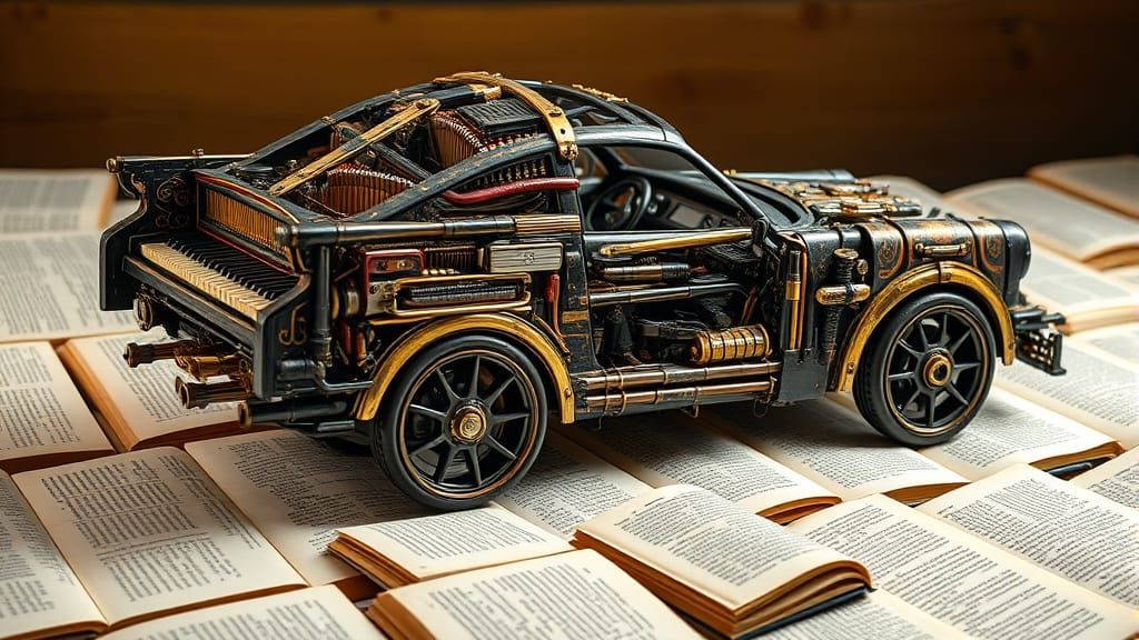 Steampunk Car Sculpture Made of Piano Parts
