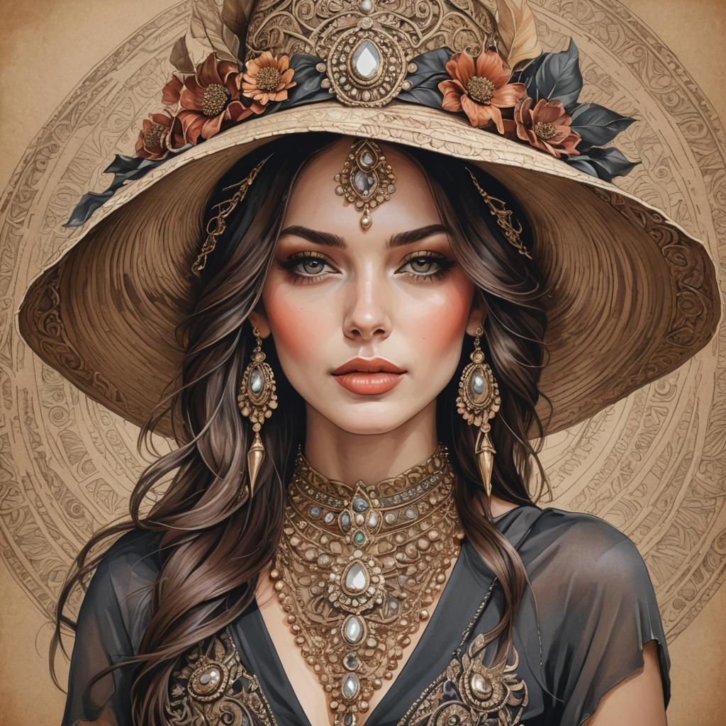 Woman with Hat and Jewelry in Scratchboard Style