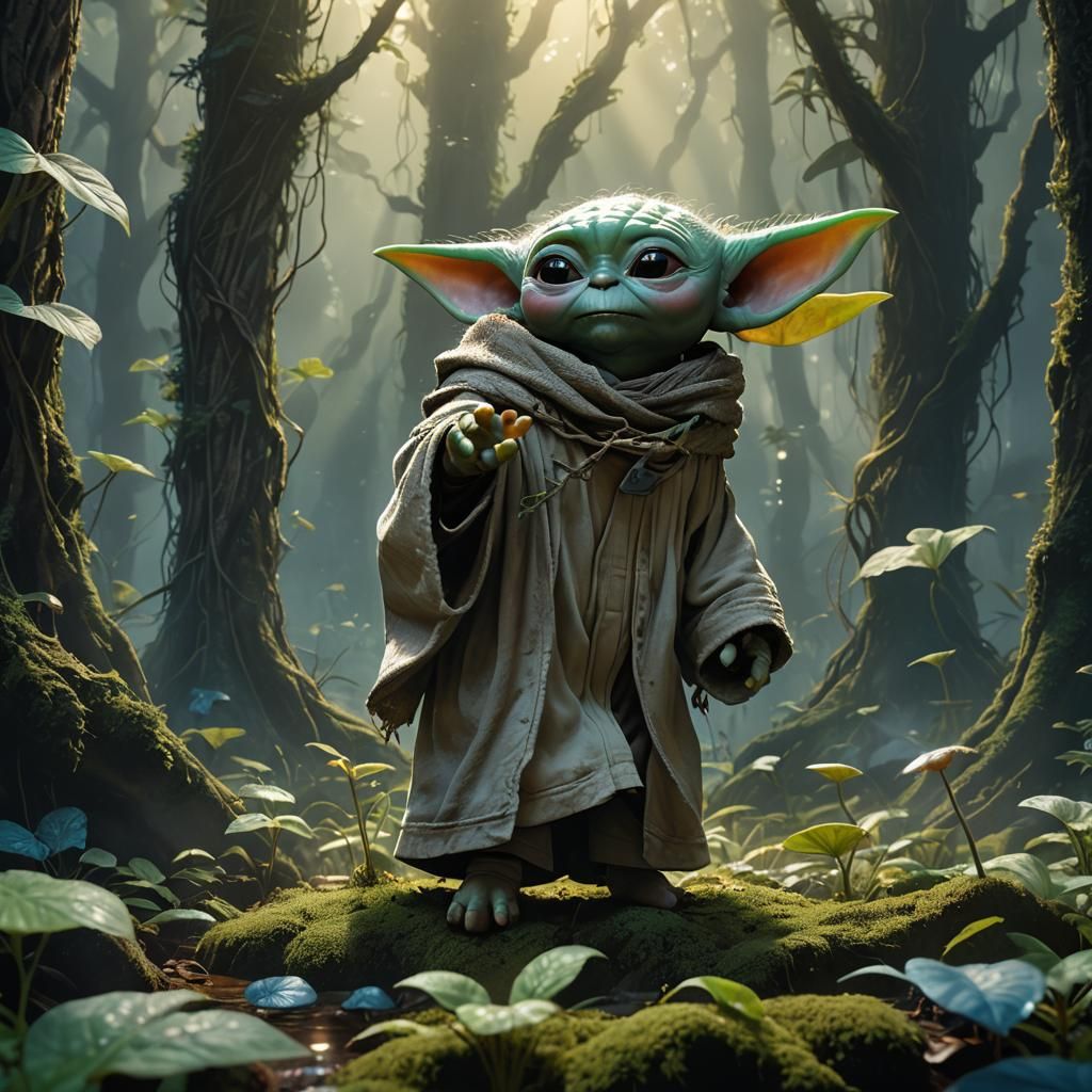Baby Yoda Levitating in Mystical Forest