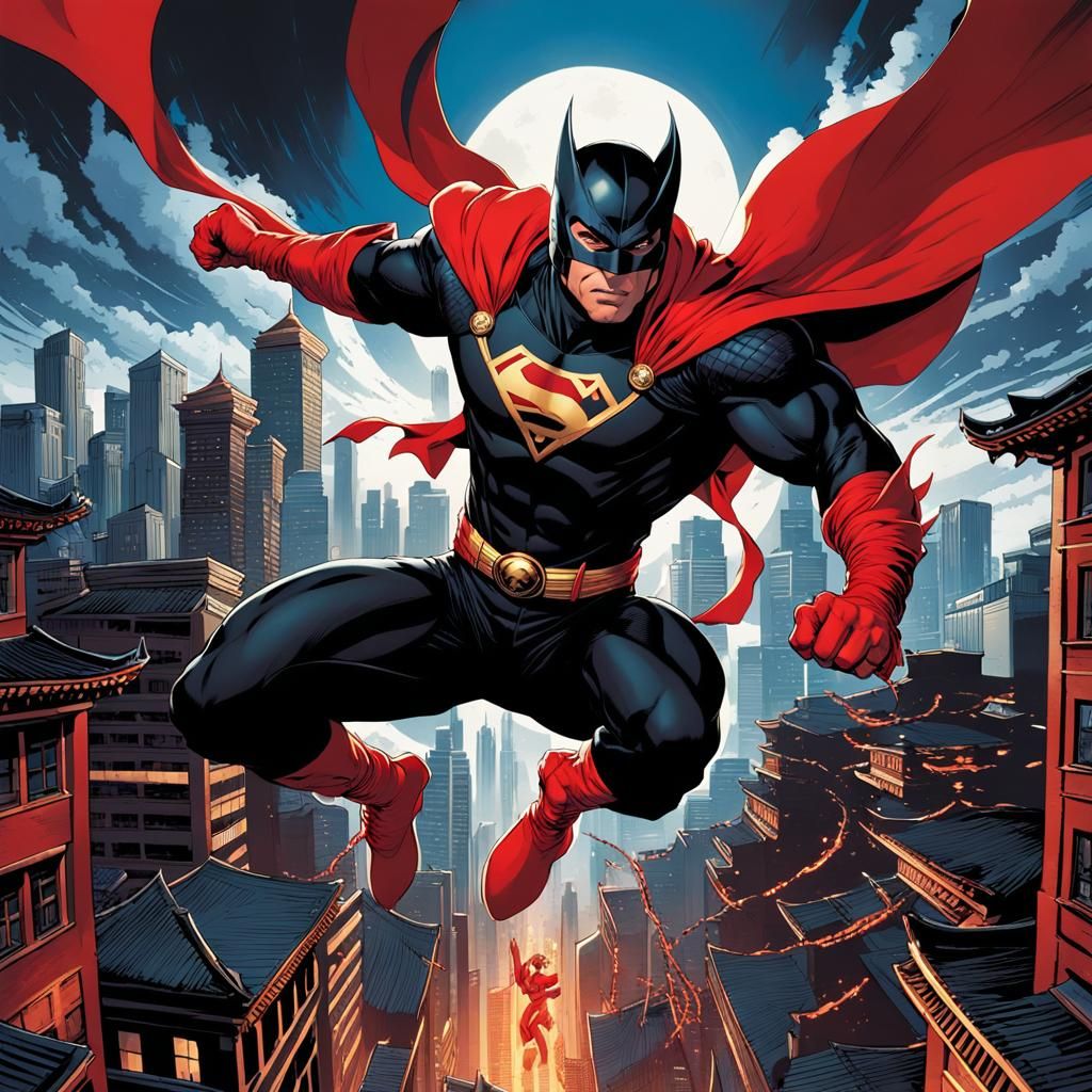 A muscular dressed in black tightsuit and a red cape like a superhero ninja holding two large shrunken in his hands wiel...