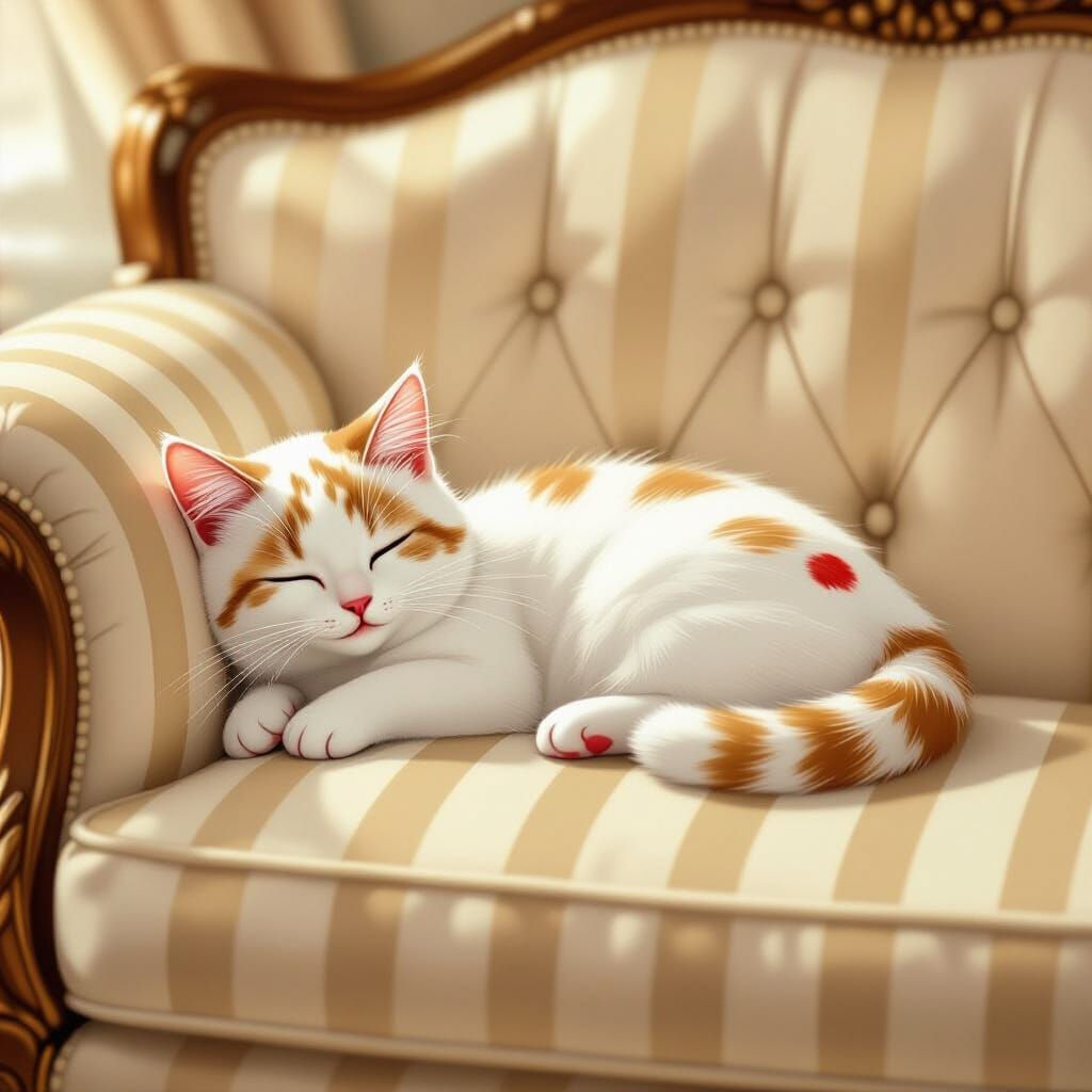 Whimsical White Cat with Red Dots on Silk Sofa