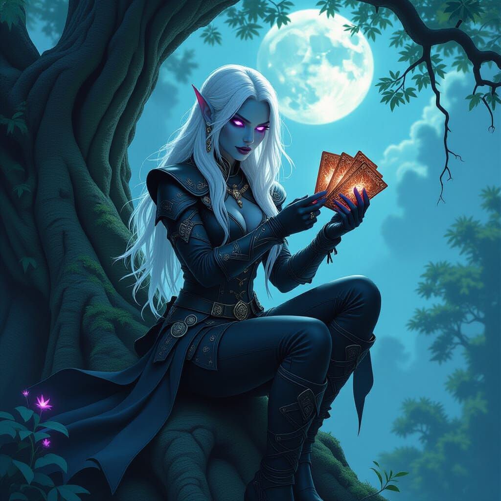 Drow Rogue in Moonlit Forest, Gothic Fantasy Art