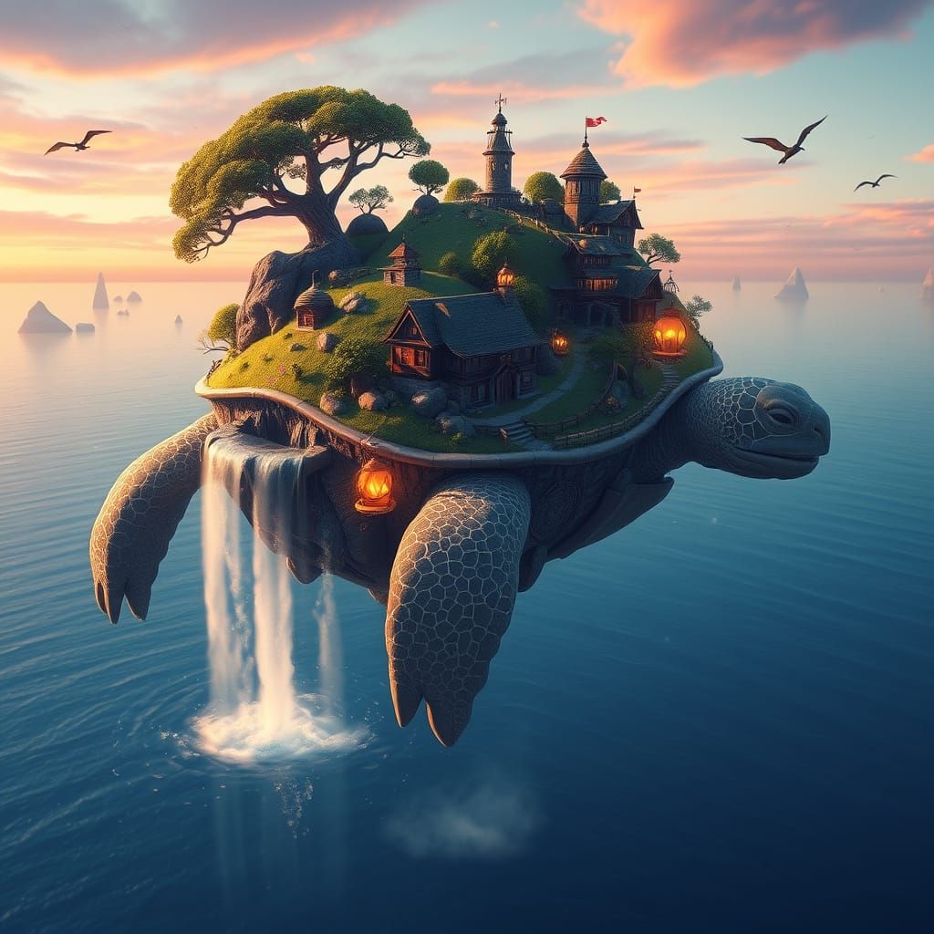 Floating Turtle Island Sanctuary in Vibrant Landscape