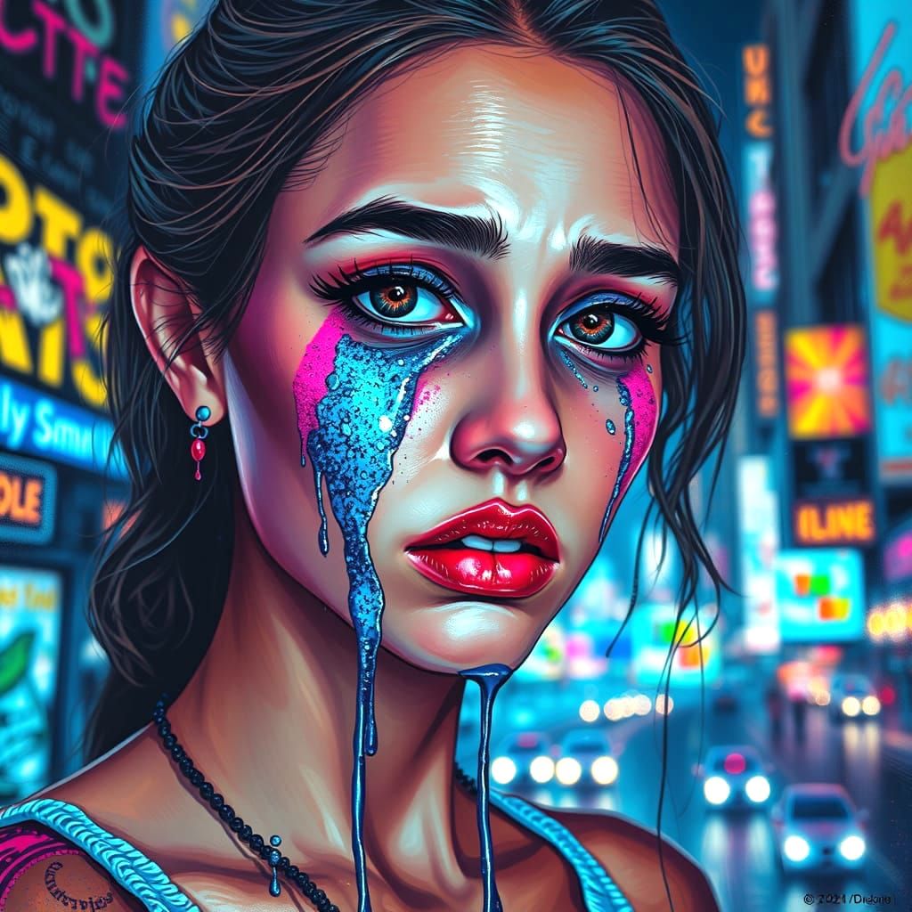 Graffiti Girl Weeps Glittering Tears in Cityscape