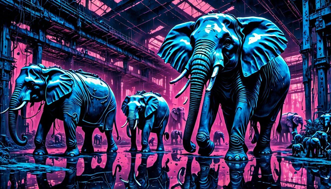 Neon Rave: Elephants and Penguins in Surreal Dance
