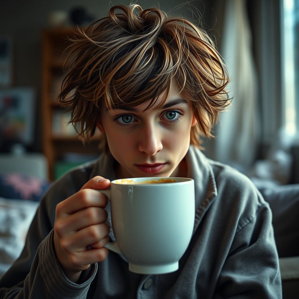 Sleepyhead's Morning Ritual: A Coffee Portrait