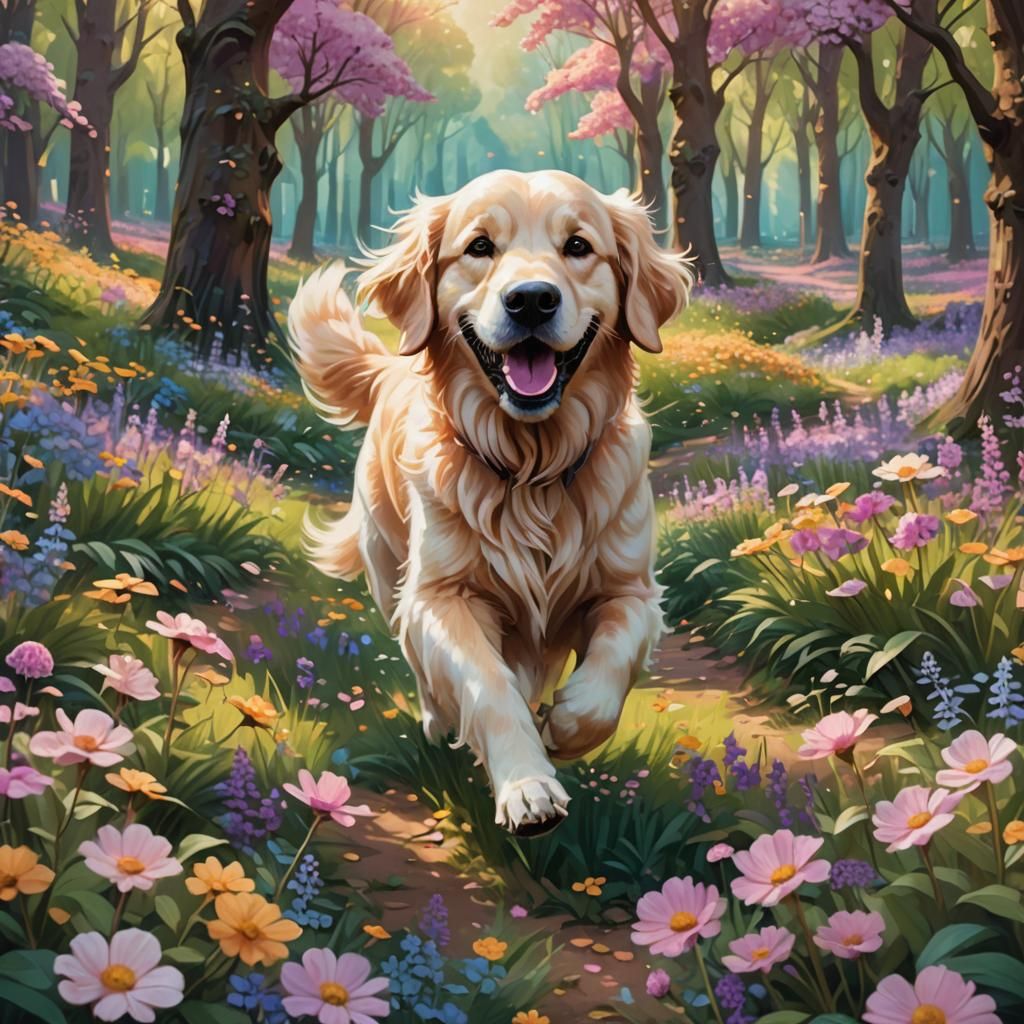 Golden Retriever Runs Through Flower Forest
