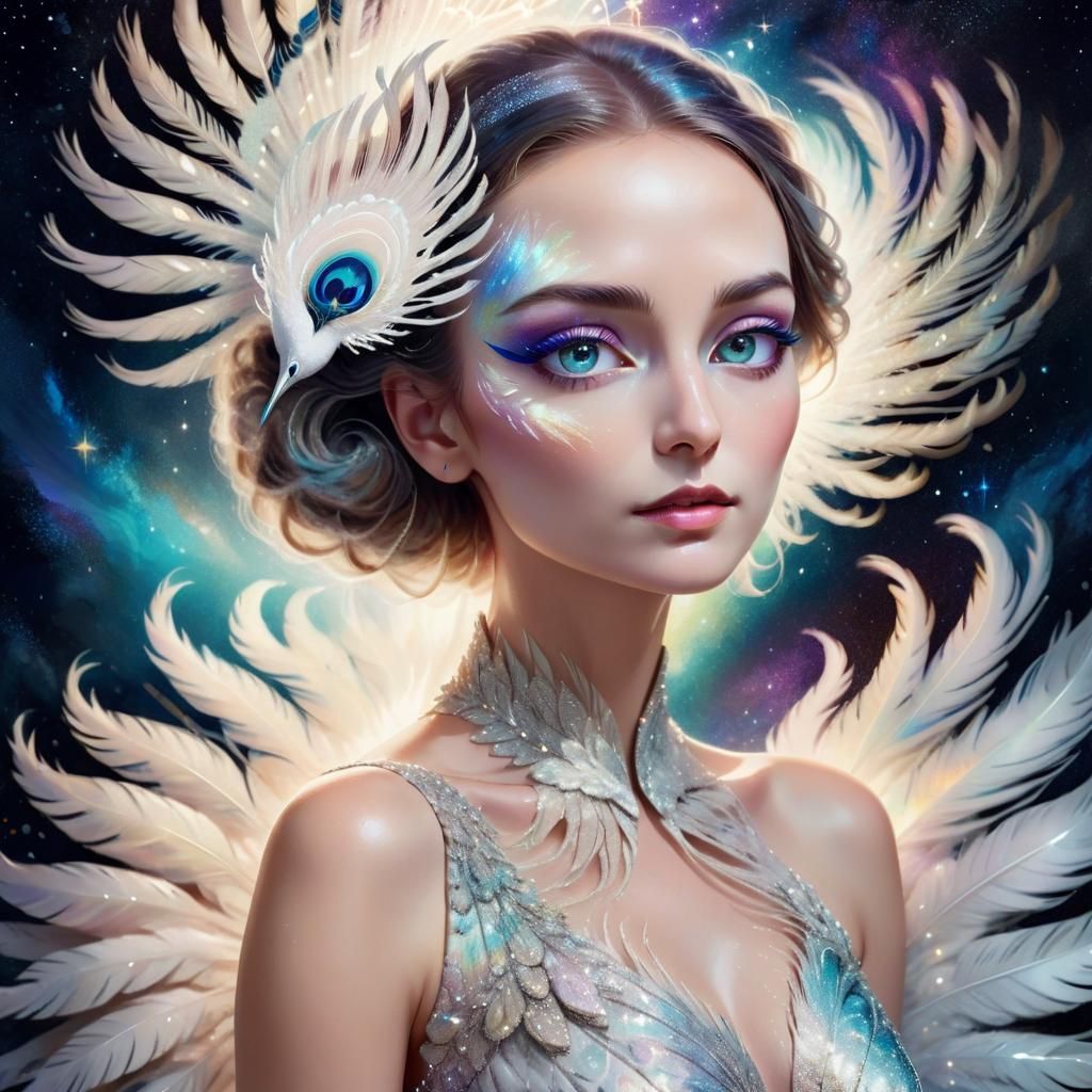 Cosmic Woman with Peacock Features in Art Deco Style