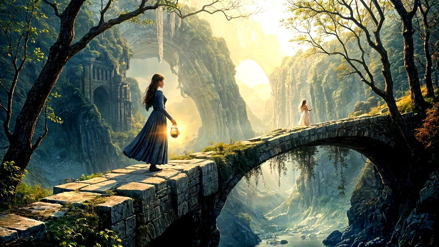 Woman on Ancient Bridge with Ethereal Lantern