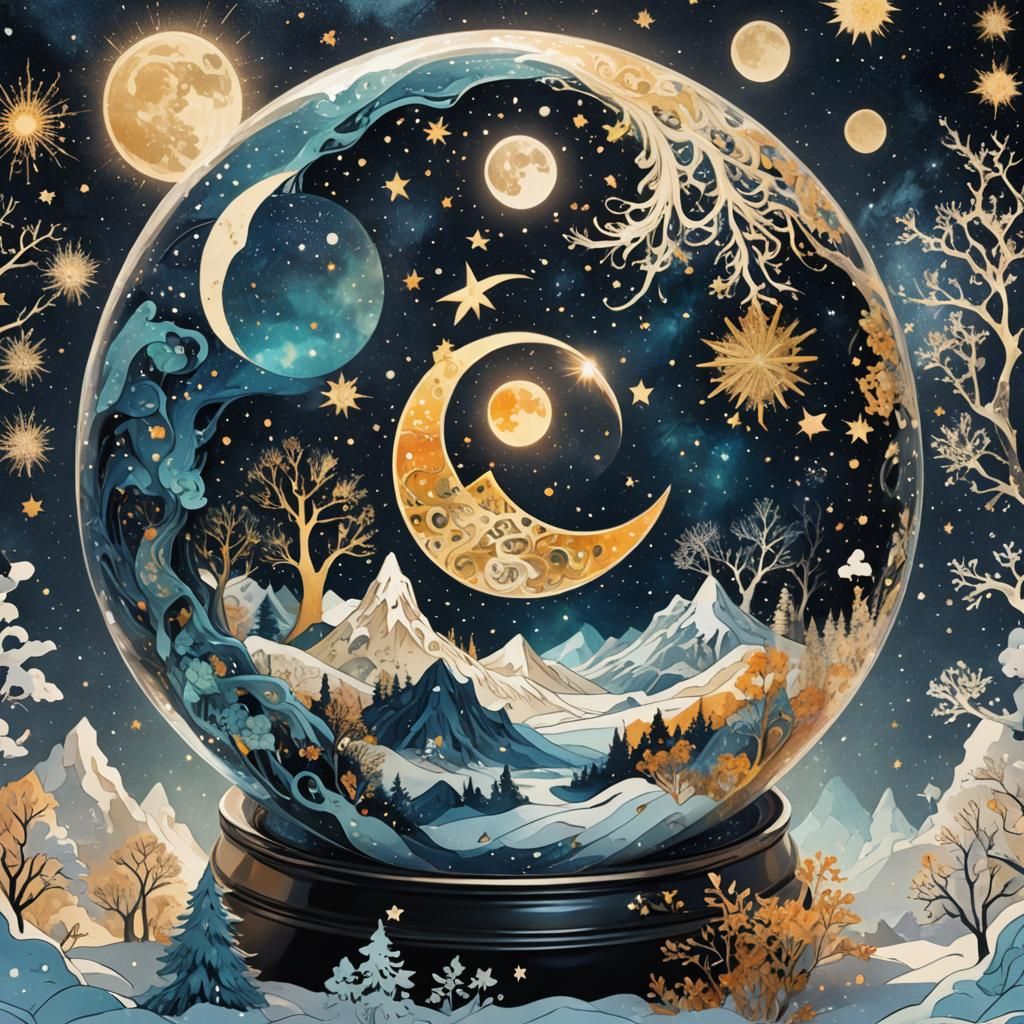 Yin Yang Sun Moon Starry Snow Globe