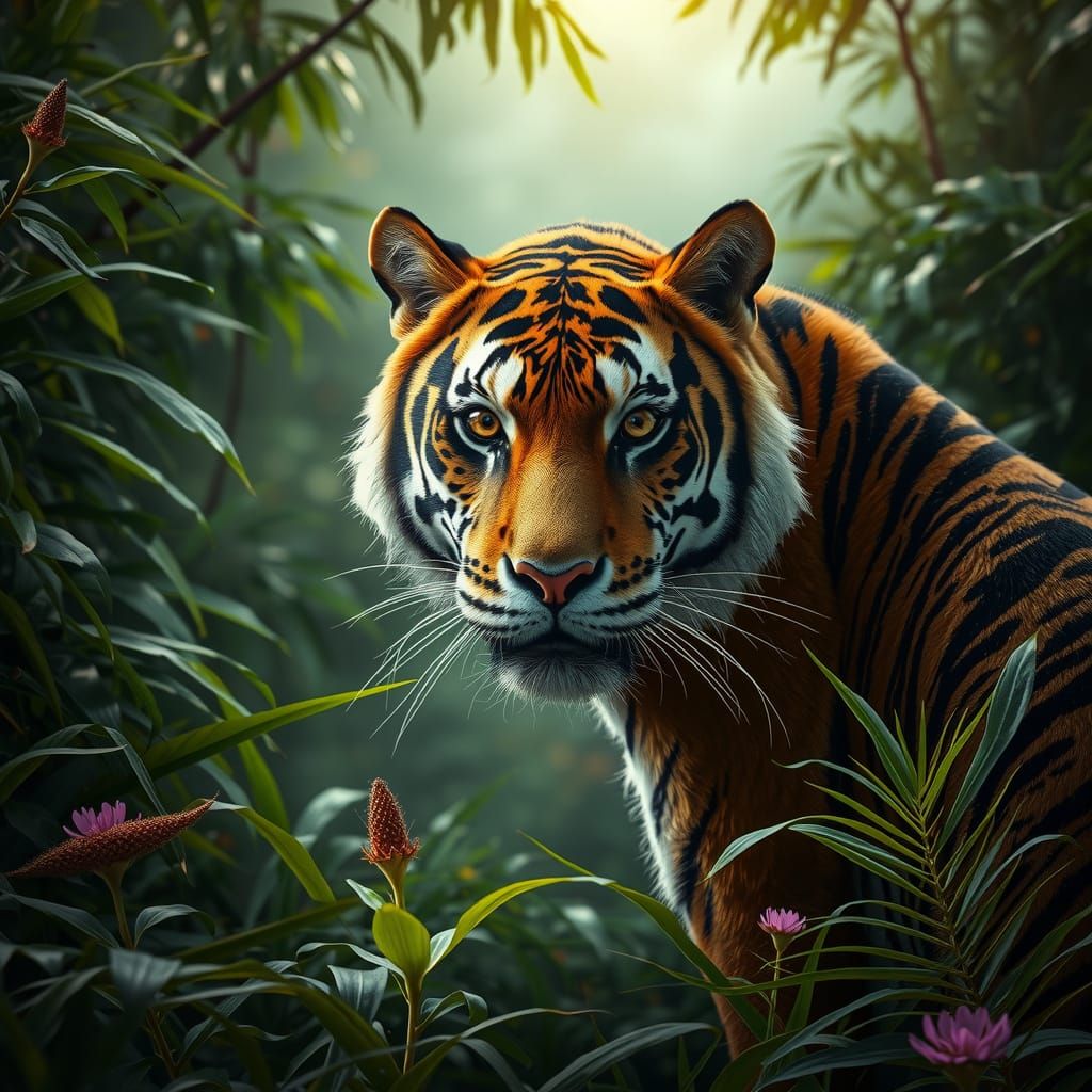Majestic Bengal Tiger in Lush Jungle Landscape, Photorealist...