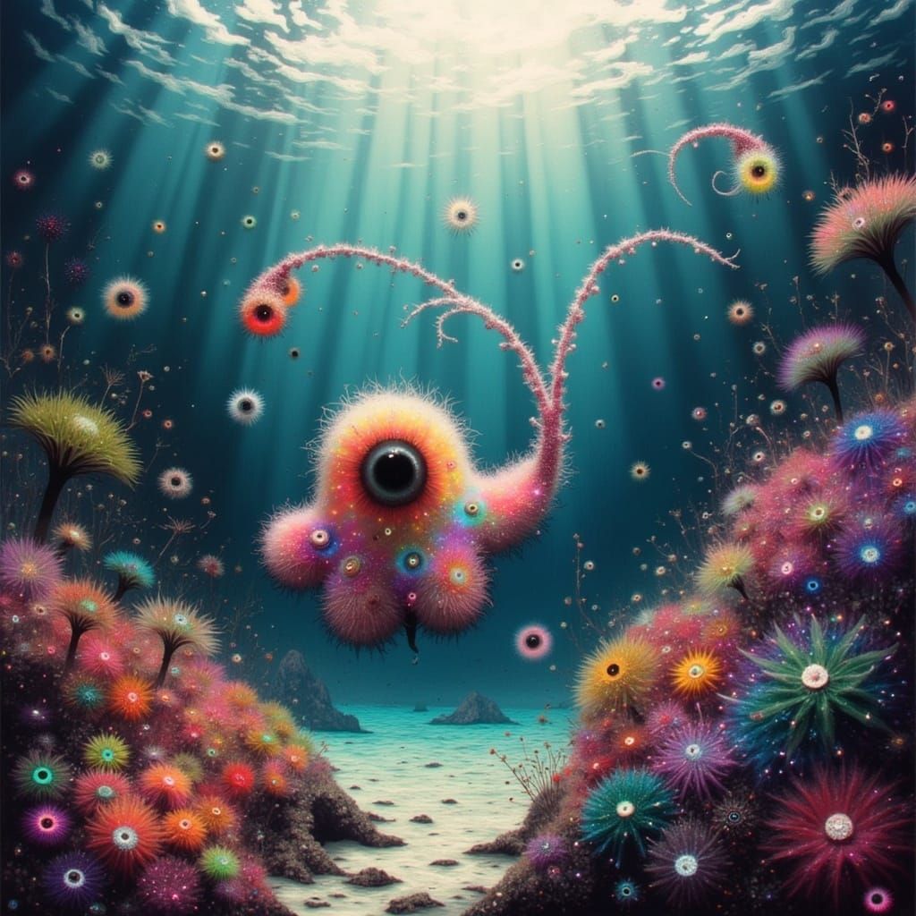 Surreal Pastel Octopus Reaches for Shimmering Oceanic Lights