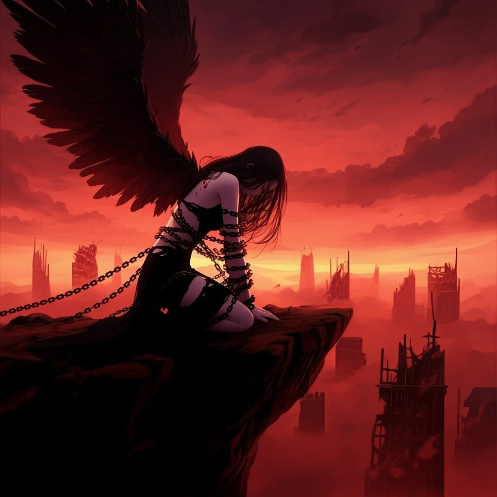 Fallen Angel in Apocalyptic Landscape, Anime Style