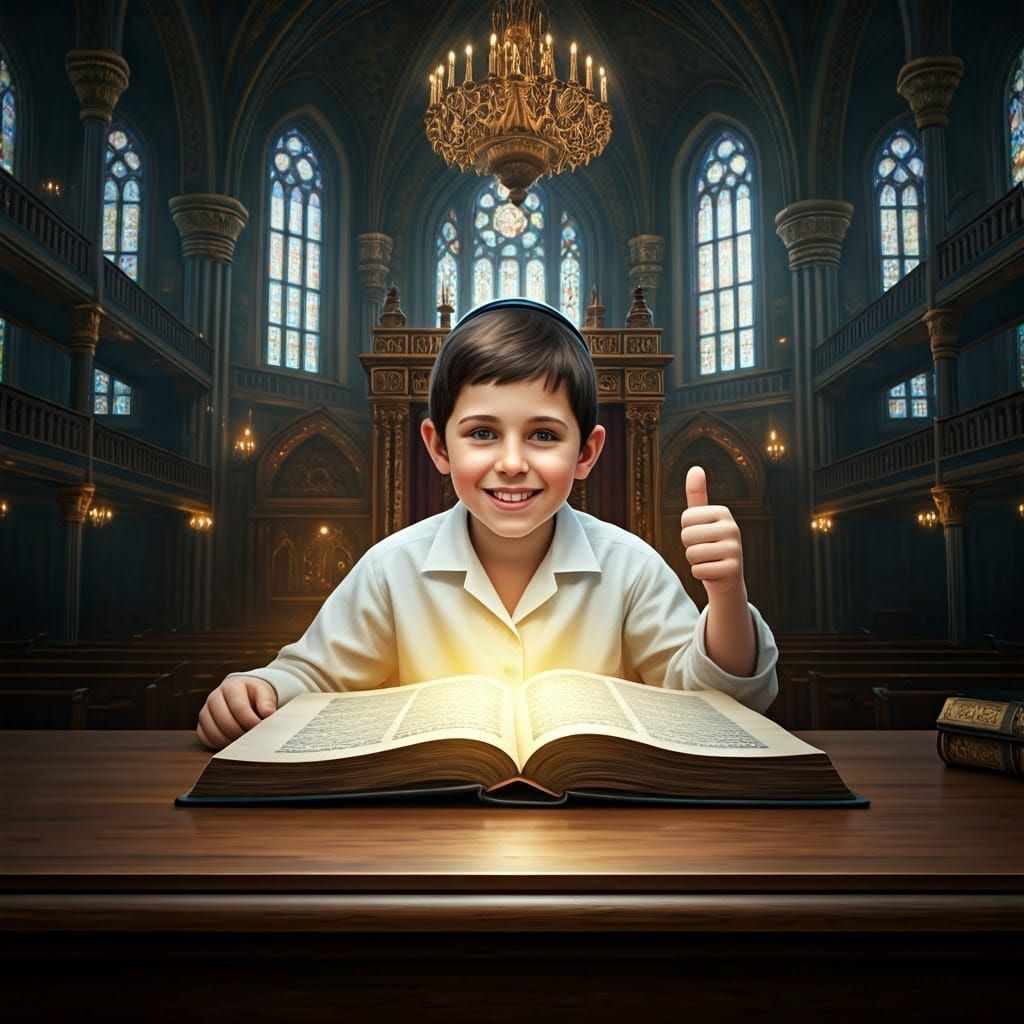Boy Studying Torah in Synagogue with Holy Light