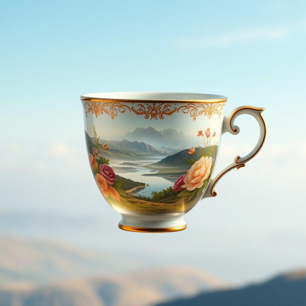 Dreamy Landscape Reflected in Antique Ceramic Cup