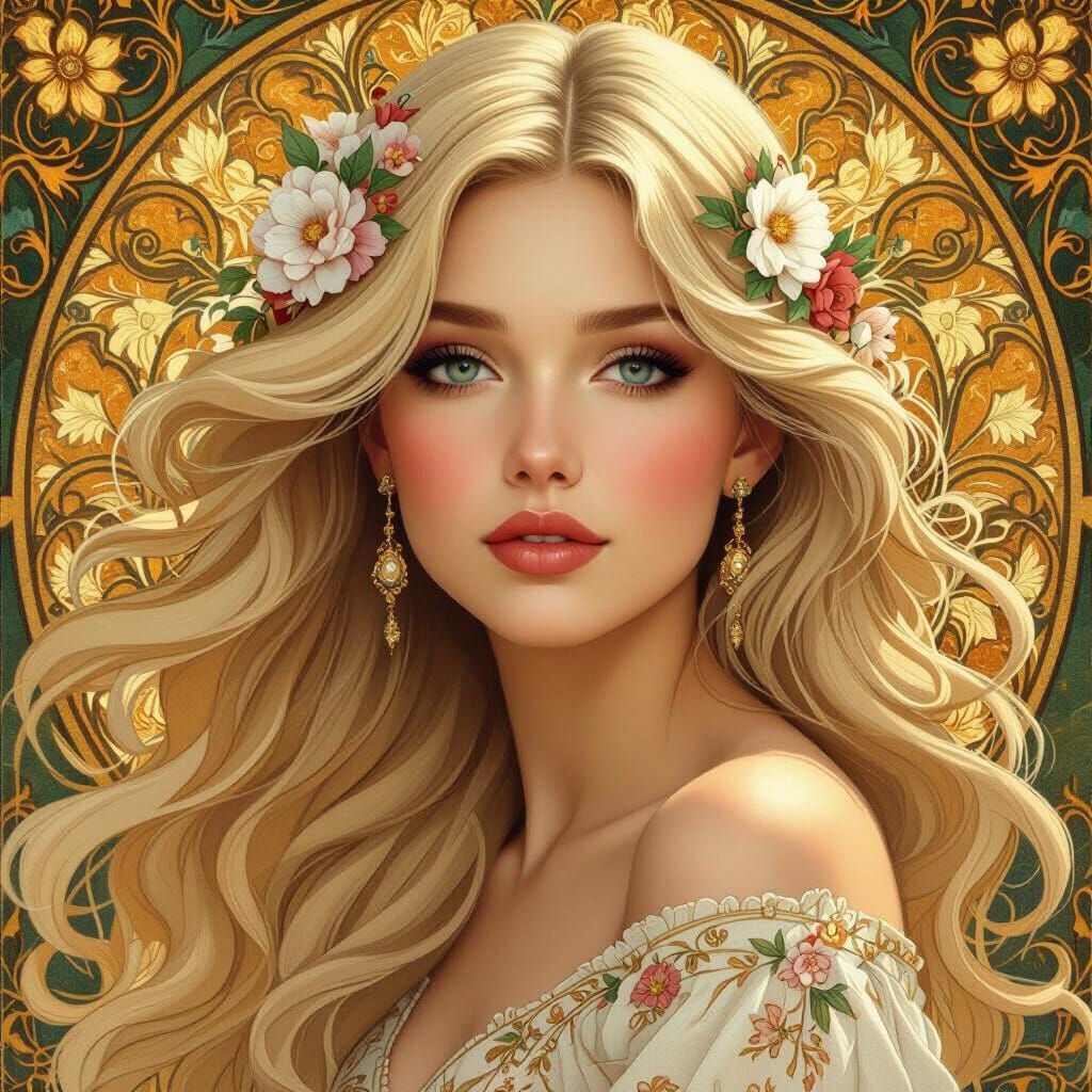 Art Nouveau Portrait of Blond Woman in Klimt Style