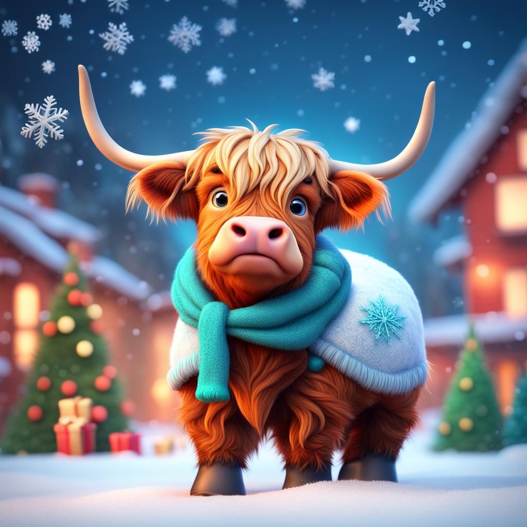 Festive Baby Highland Cow in Winter Snow