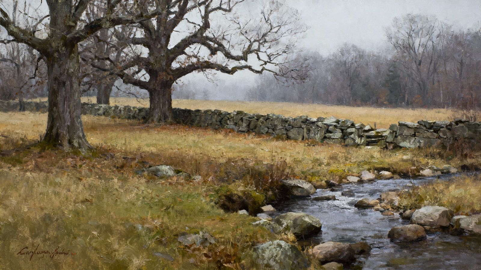 Moody Autumn Oil Painting of a Field with Stone Wall