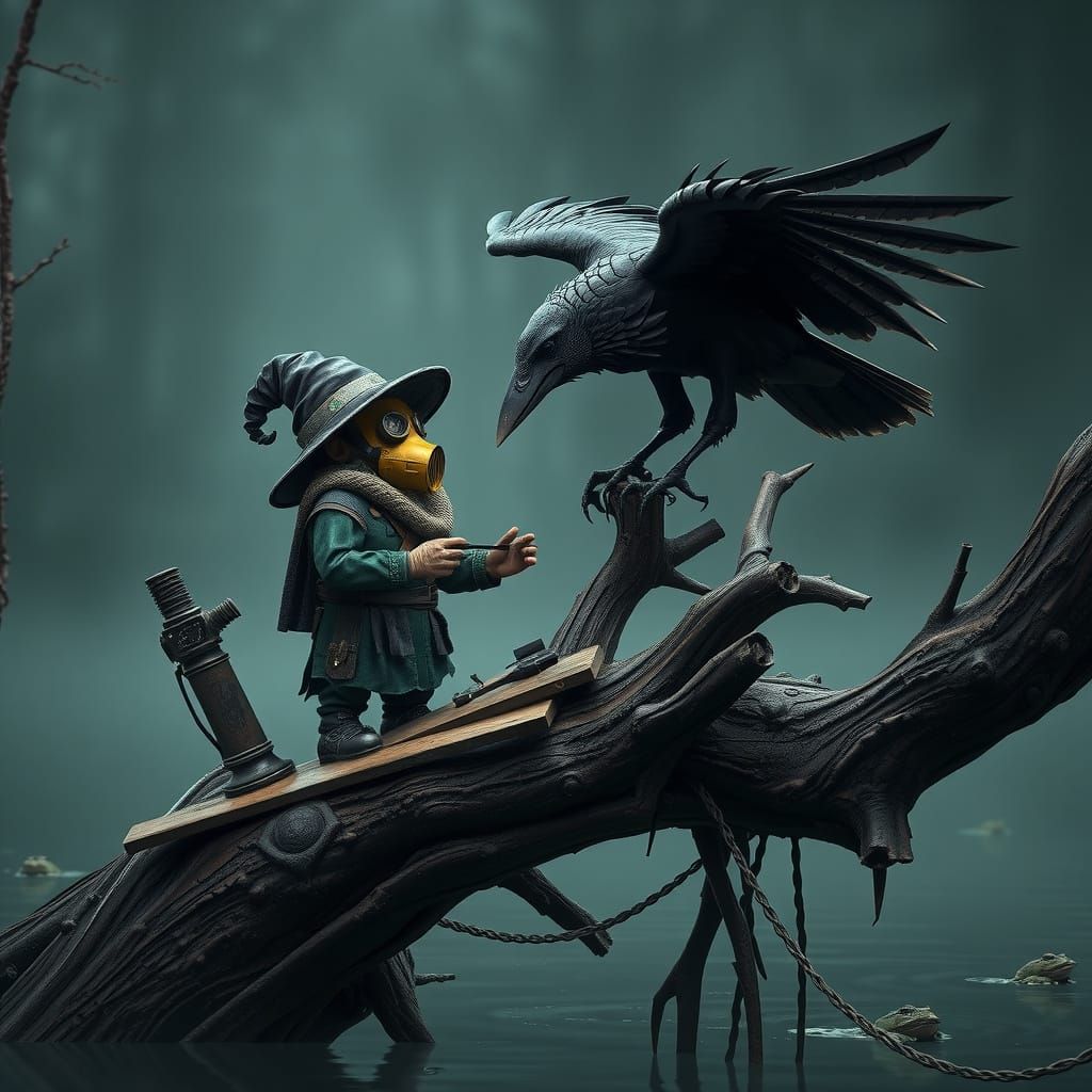 Gnome Tinkerer Repairs Mechanical Raven in Misty Swamp