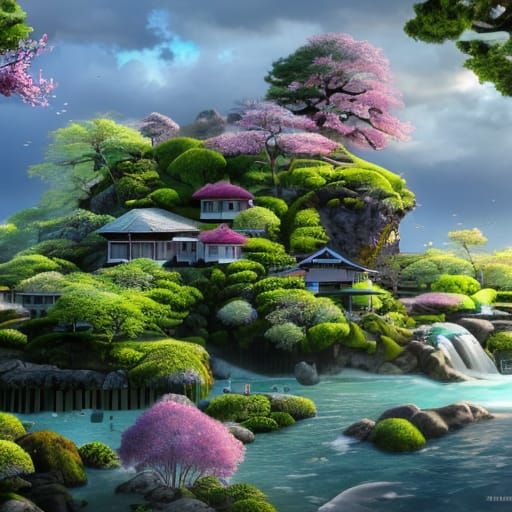 Enchanting Verdant Island with Sakura and Modern Houses