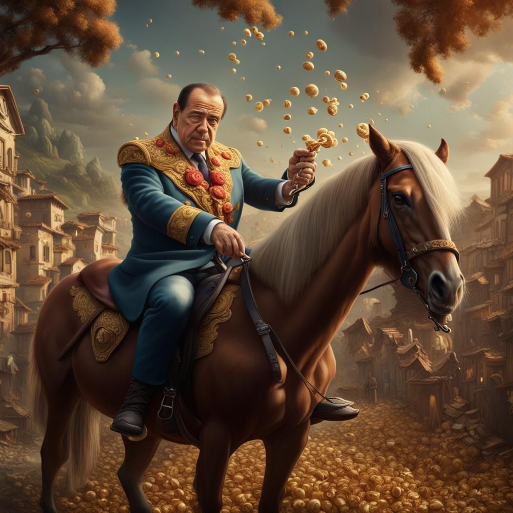 Man on Pony Eating Macaroni: Detailed Matte Painting