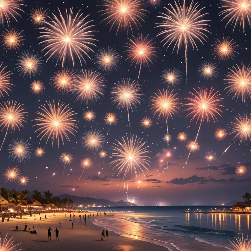 Spectacular Fireworks Display Over Beach at Night
