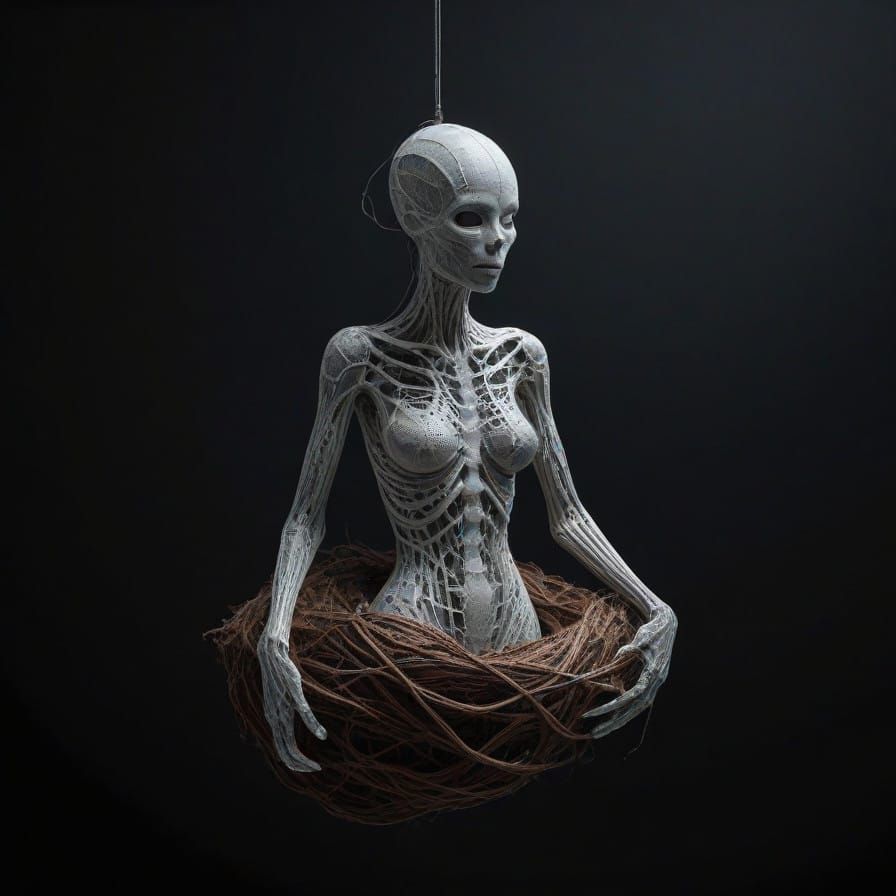 Whimsical Flibbertigibbet Sculpture in Intricate Wool and Sa...