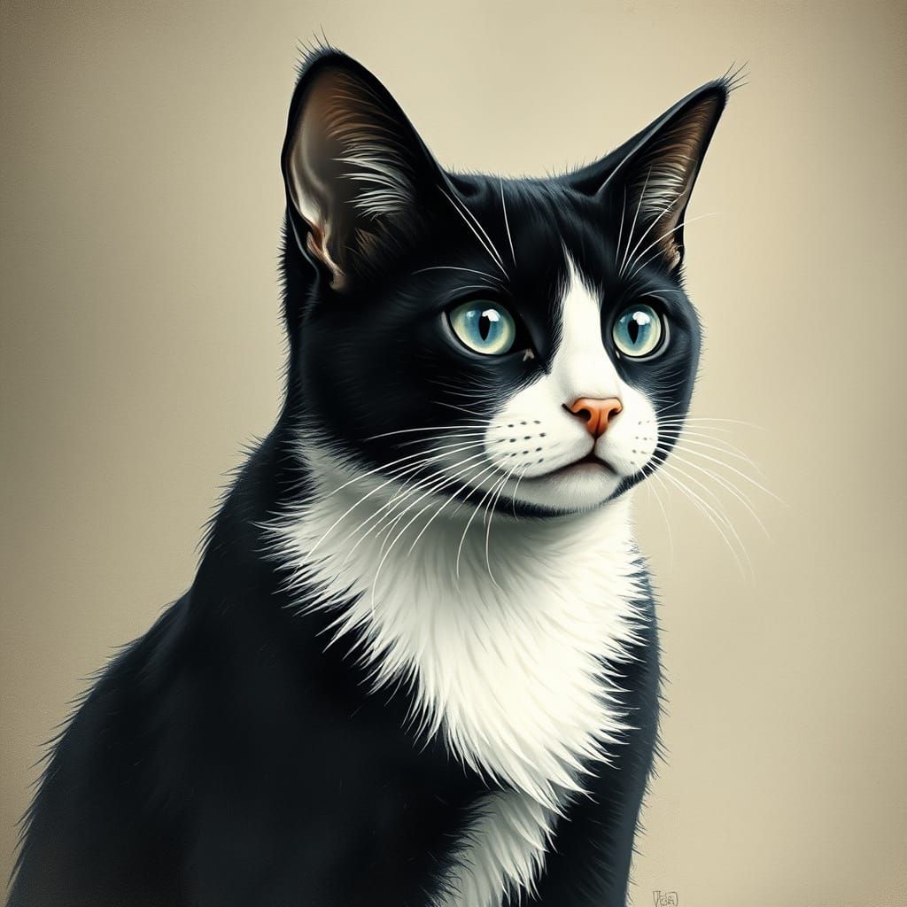 Black and White Cat in Boho Style Vintage Poster