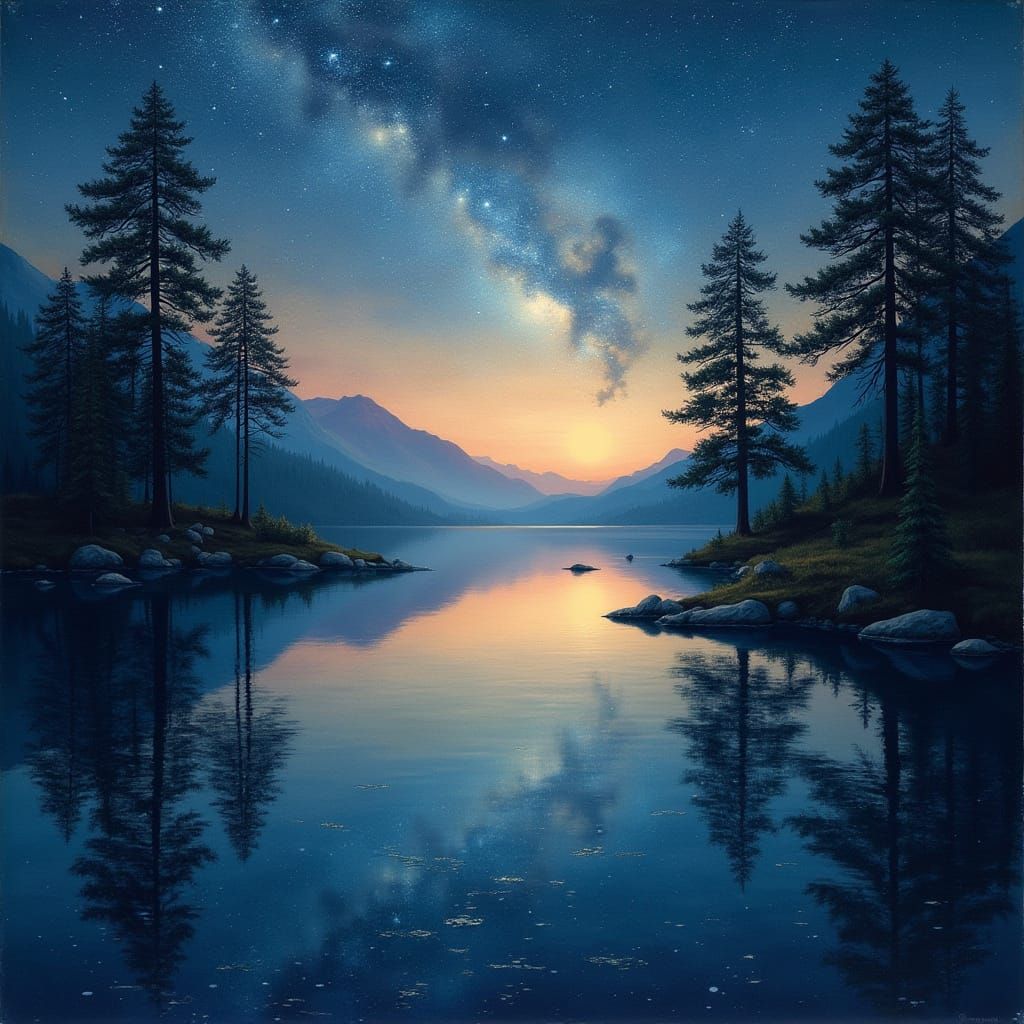 Majestic Lake at Night, Stars and Trees in Soft Focus