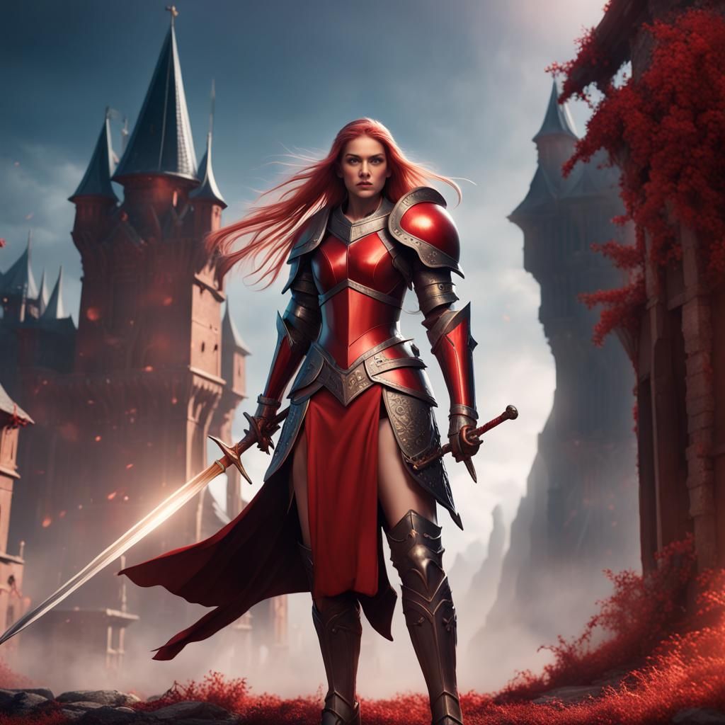 Strong Woman Knight in Red Armor Concept Art