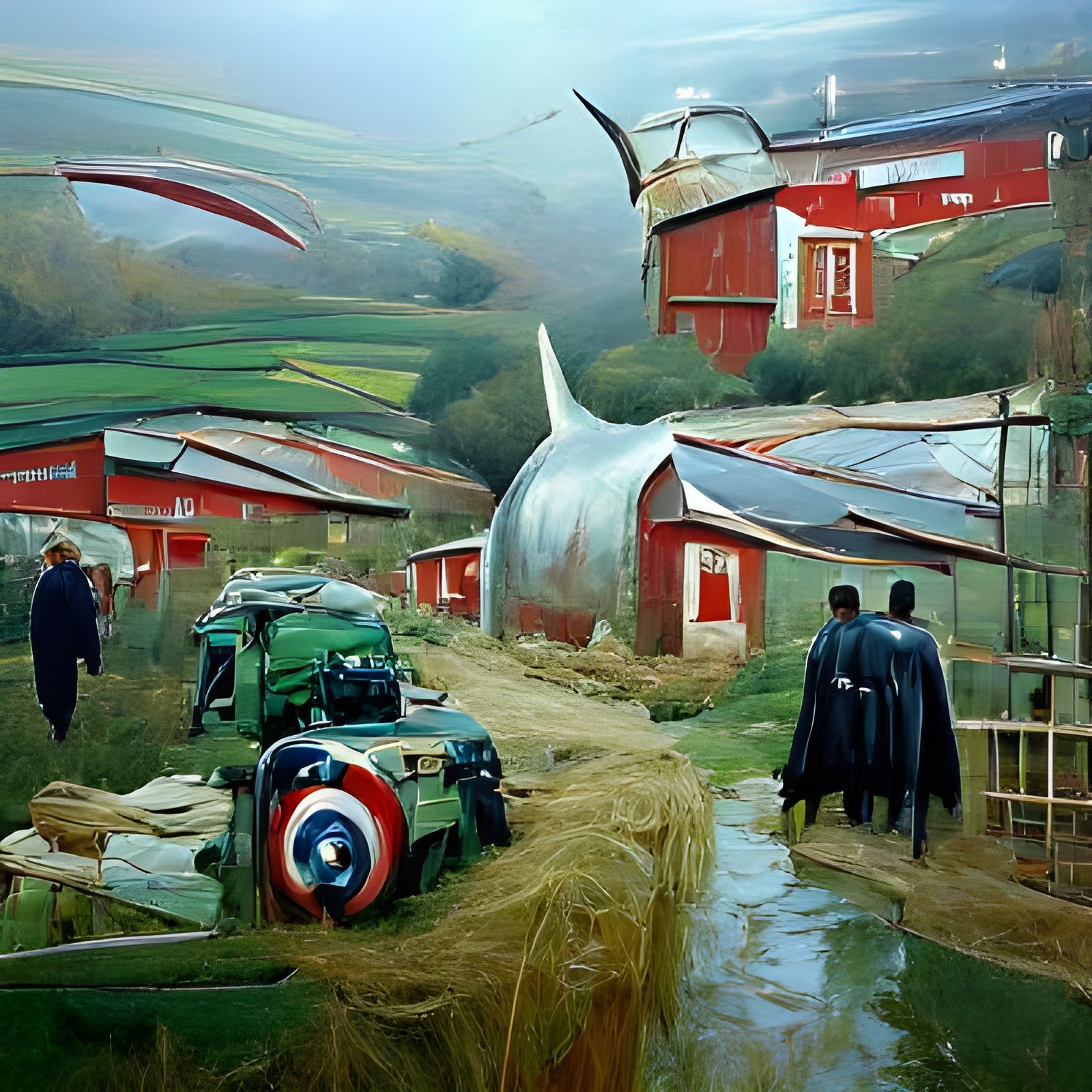 Surrealist Superhero Farm in Oil Painting Style