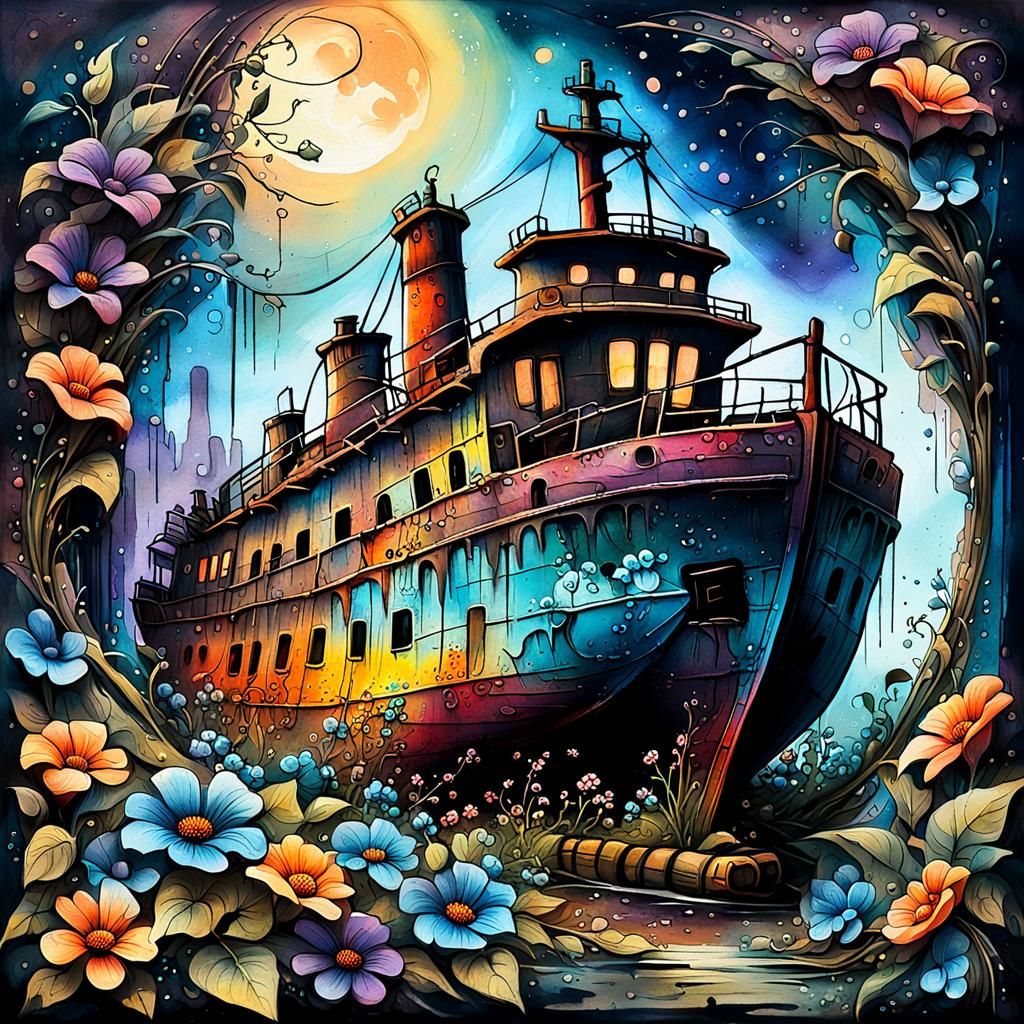 Ship in a Bottle Graffiti Art with Flowers