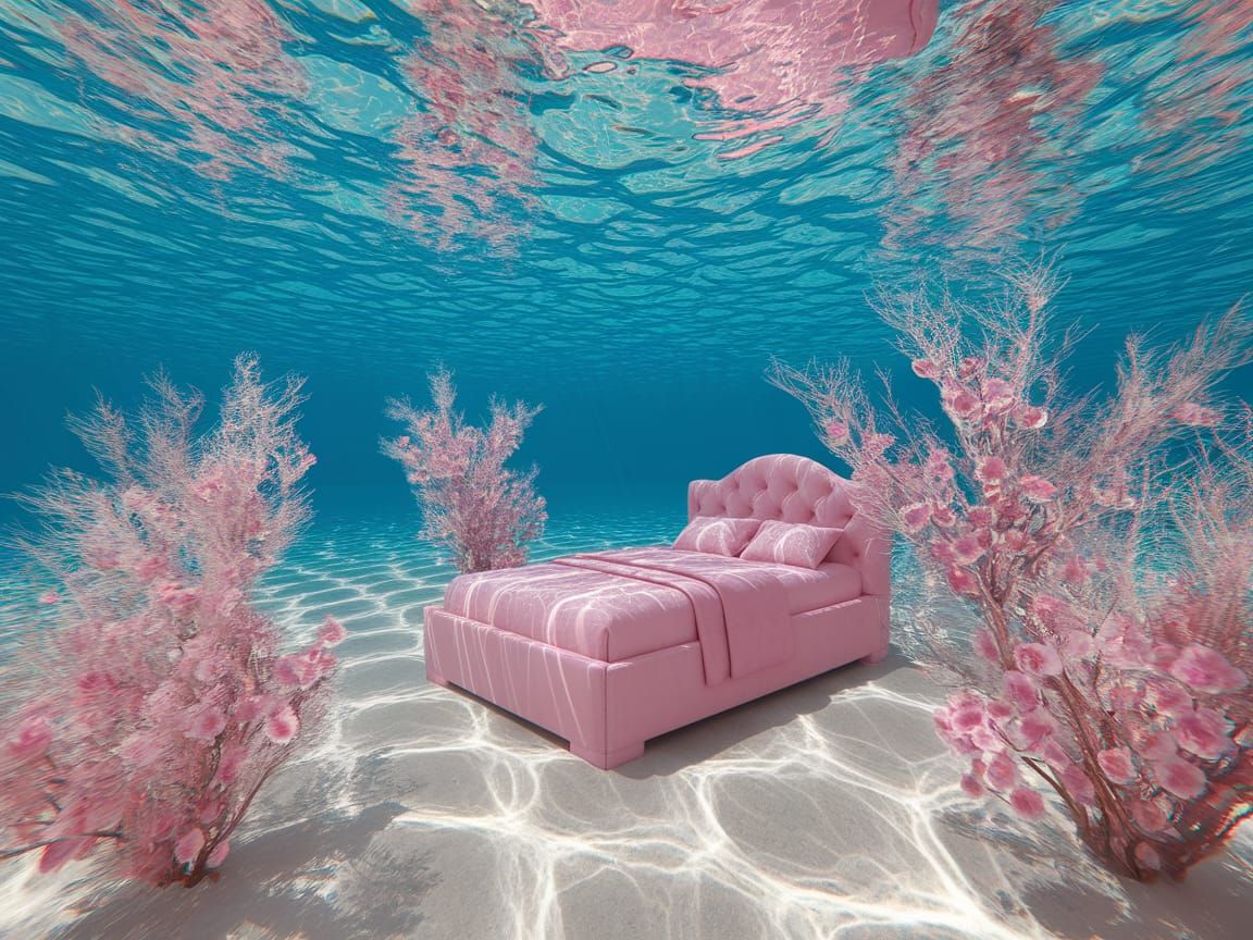 Ethereal Underwater Bedroom with Pink Flowers