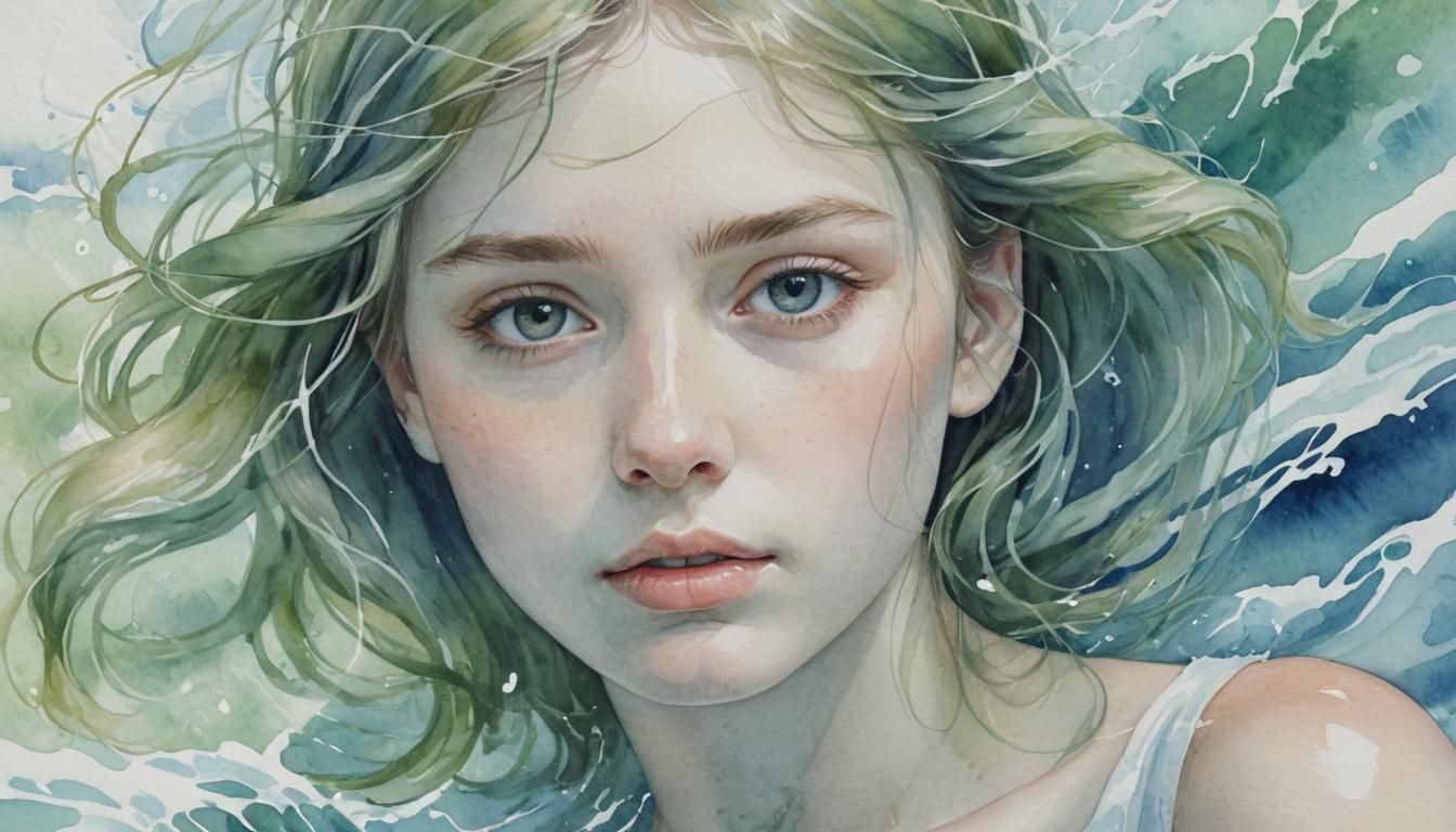 Ethereal Portrait Amidst Swirling Blue Waves in Watercolor S...