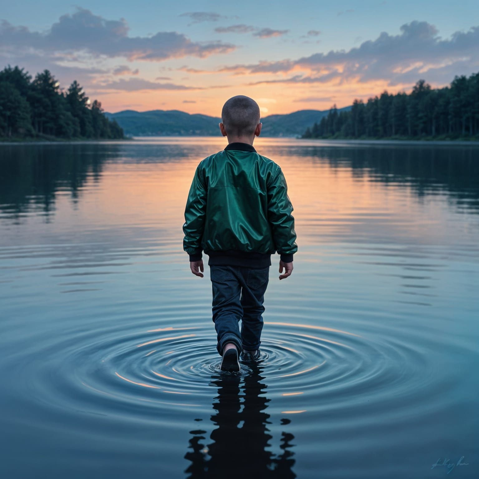 Boy in Green Bomber Jacket Walks Into Reflective Lake at Dus...