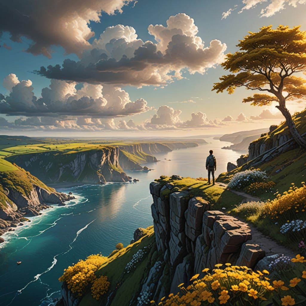 Vivid Spring Cliffside Scene in Hyper-Realistic Digital Art