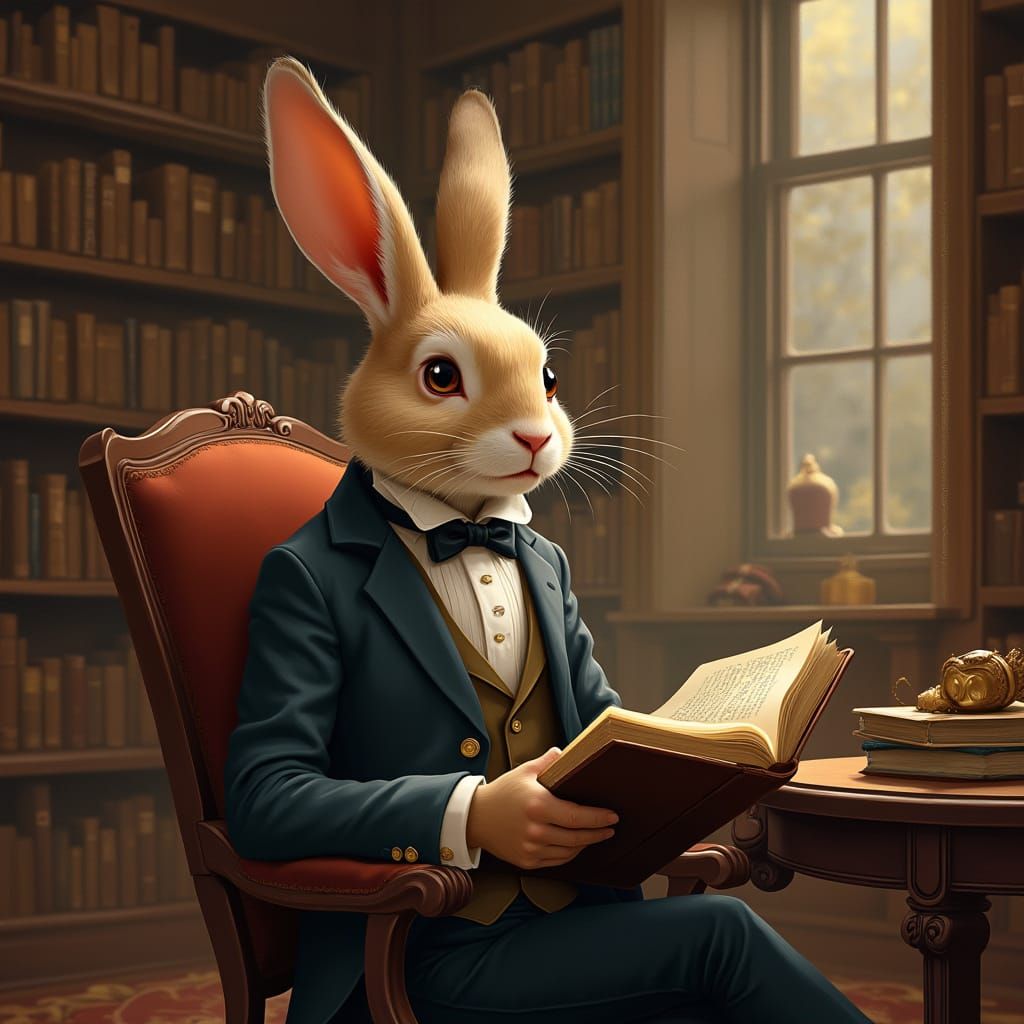 Whimsical Rabbit in Elegant Victorian Library Scene