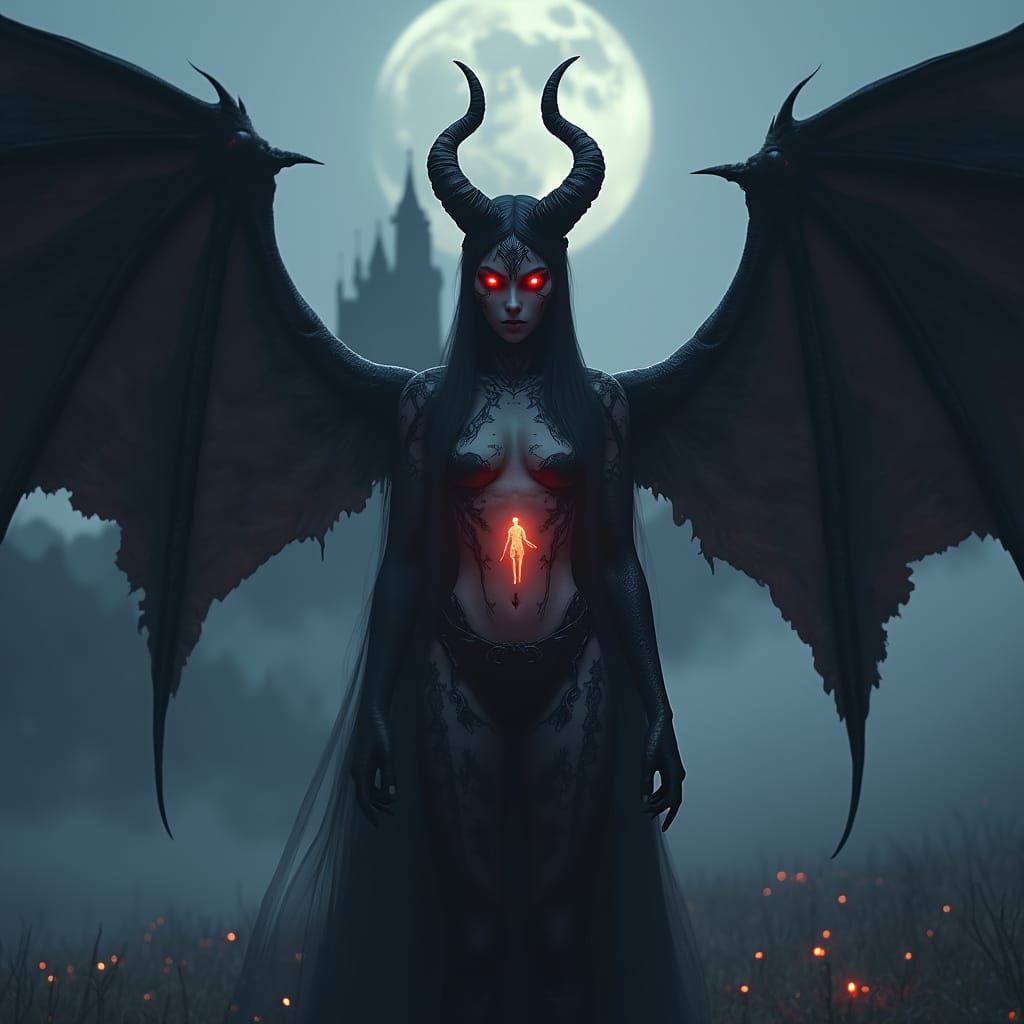 Ethereal Dark Angel with Androgynous Aura in 4D Fantasy Land...