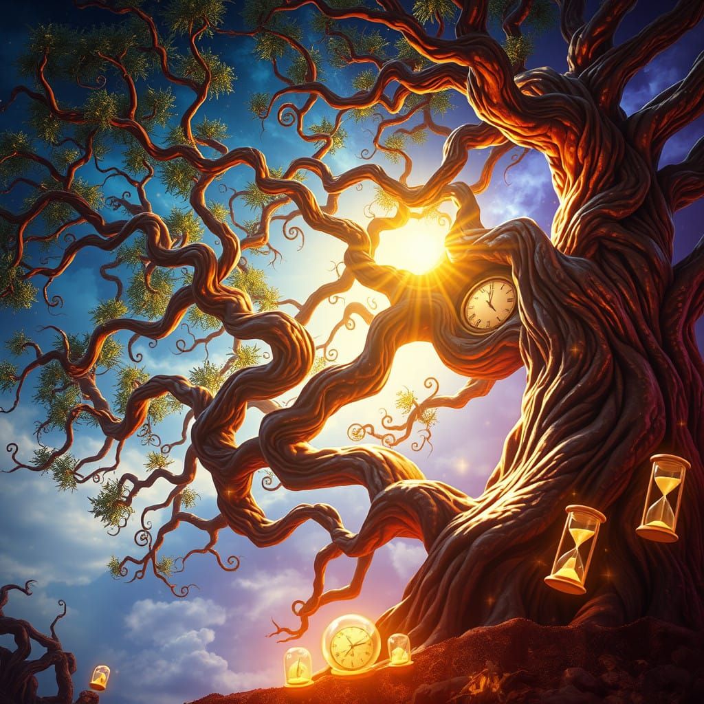 A Timeless, Celestial Tree in Vibrant Blues and Golds