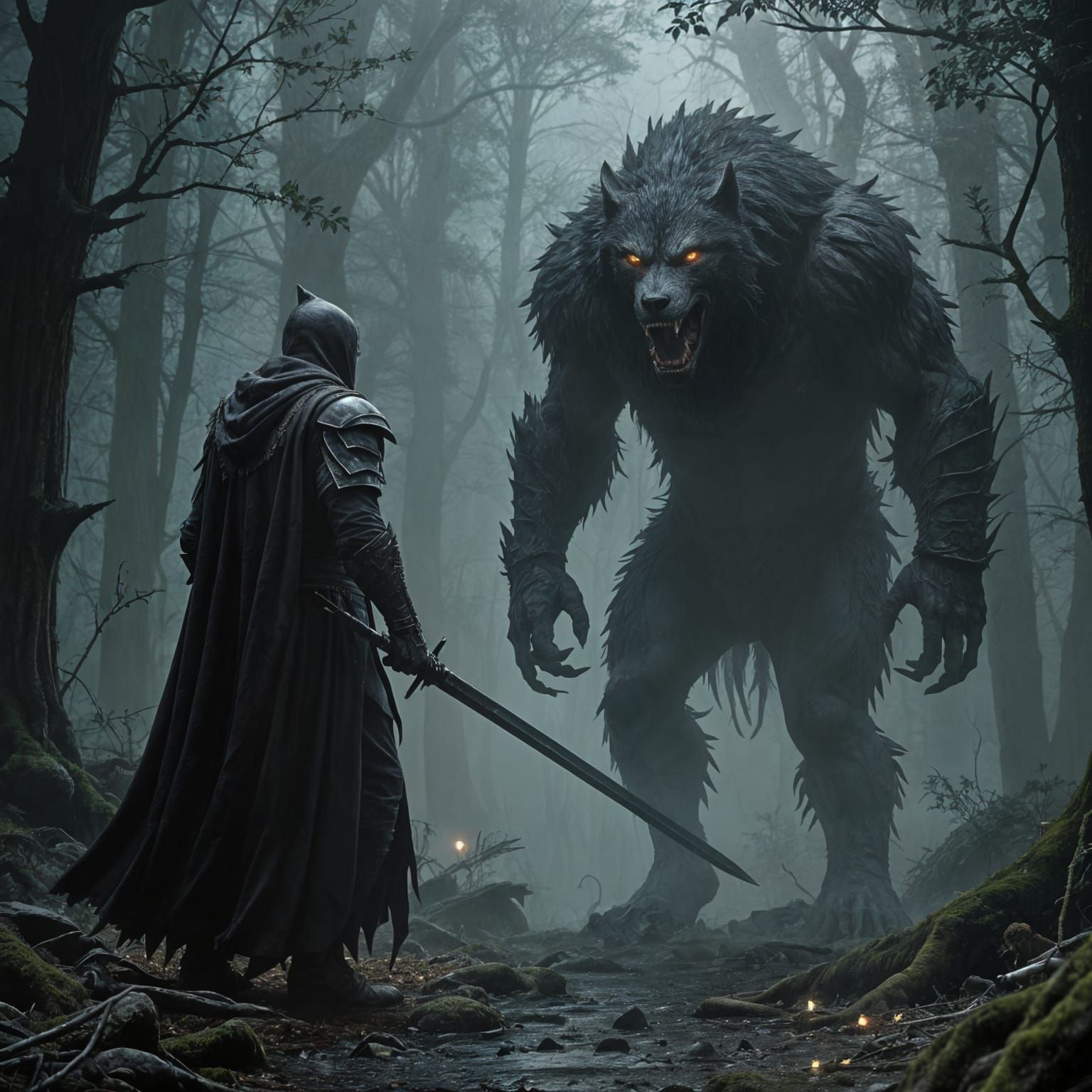 Warrior and Werewolf Battle in Enchanted Forest