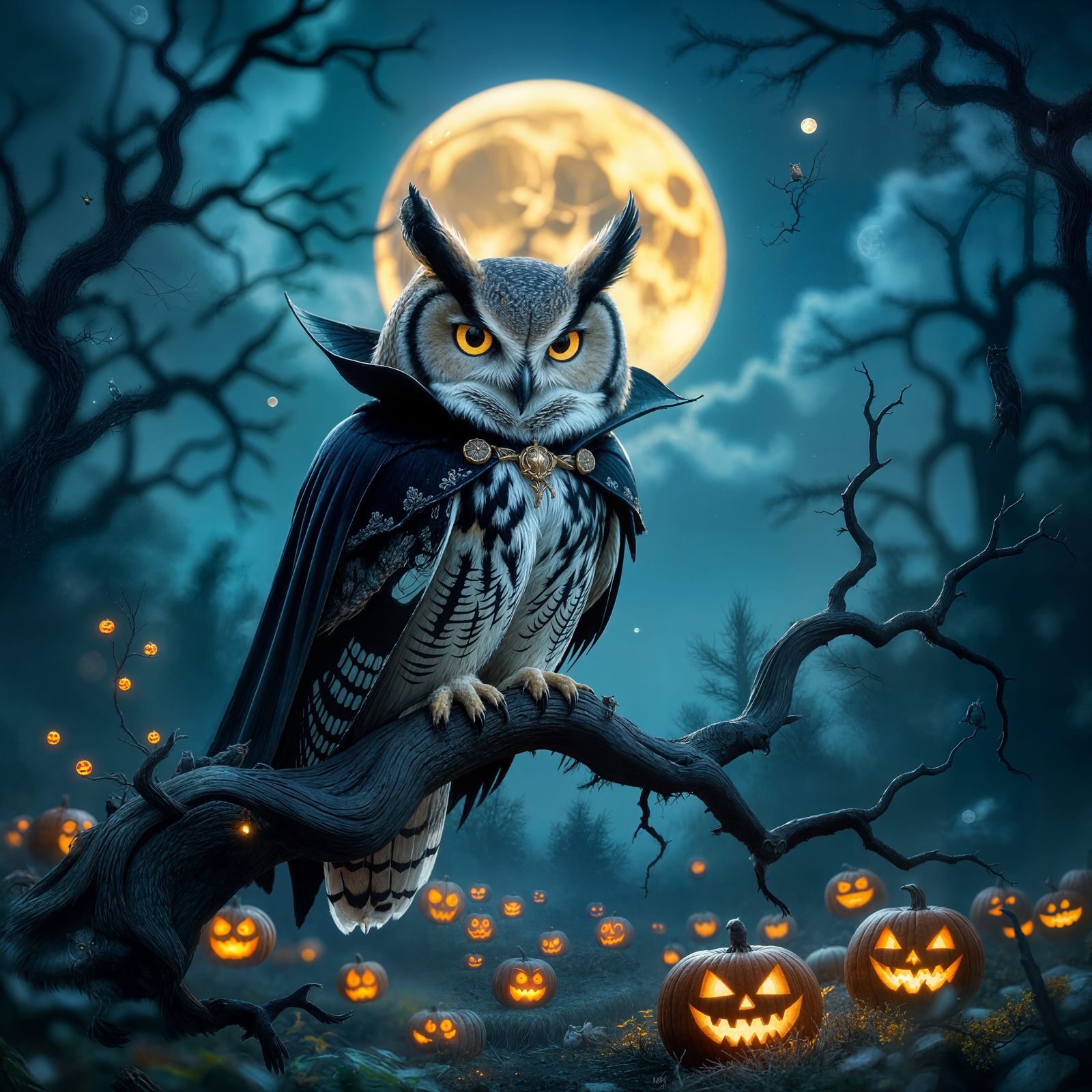 Vampire Owl on Moonlit Branch with Glowing Jack-o'-Lanterns