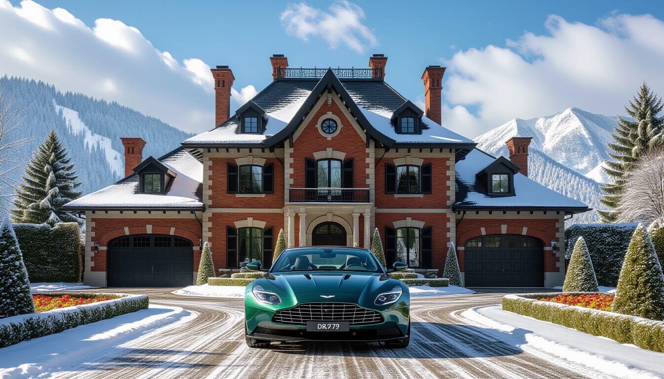 Victorian Chateau With Aston Martin In Snowy Garden