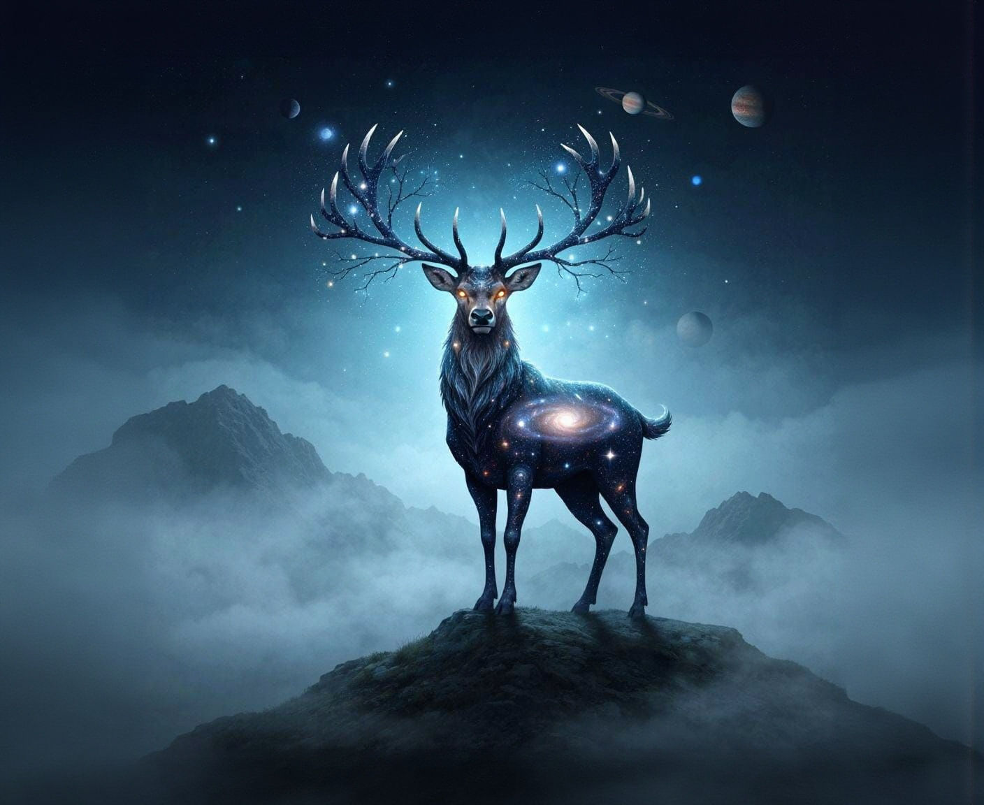 Stag with Constellation Antlers on Misty Peak